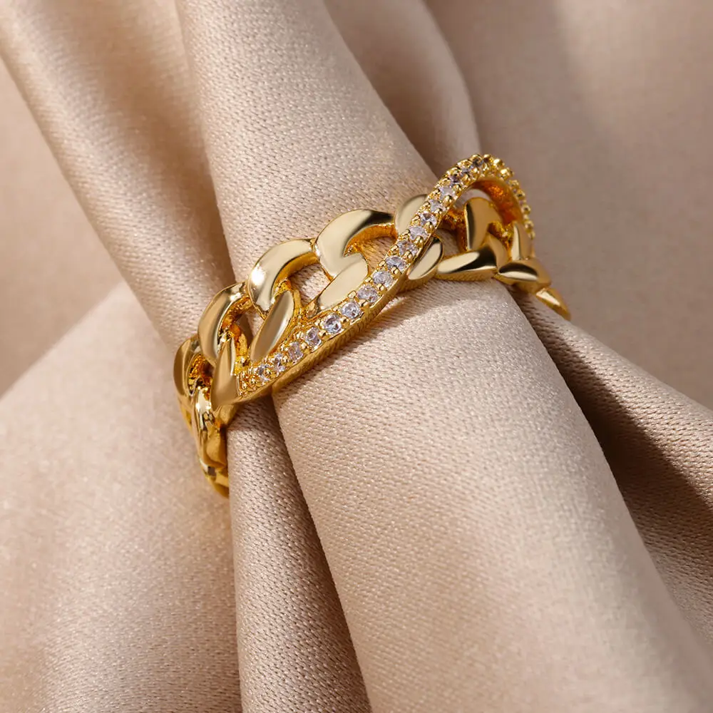 Chain Style Cross Zircon Open Rings for Women Gold Color Couple Jewelry Cute Accessories Vintage Decoration Finger Ring