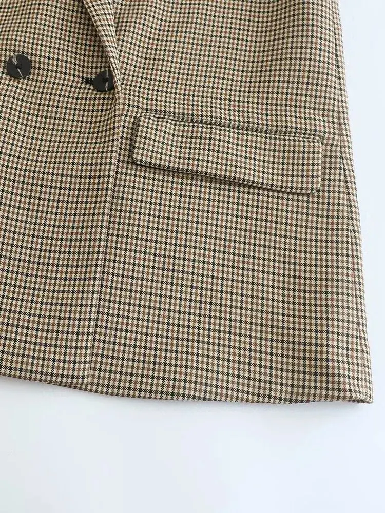 TRAF Women Fashion Double Breasted Plaid Blazer Coat Vintage Long Sleeve Flap Pockets Female Outerwear Chic Vestes Femme