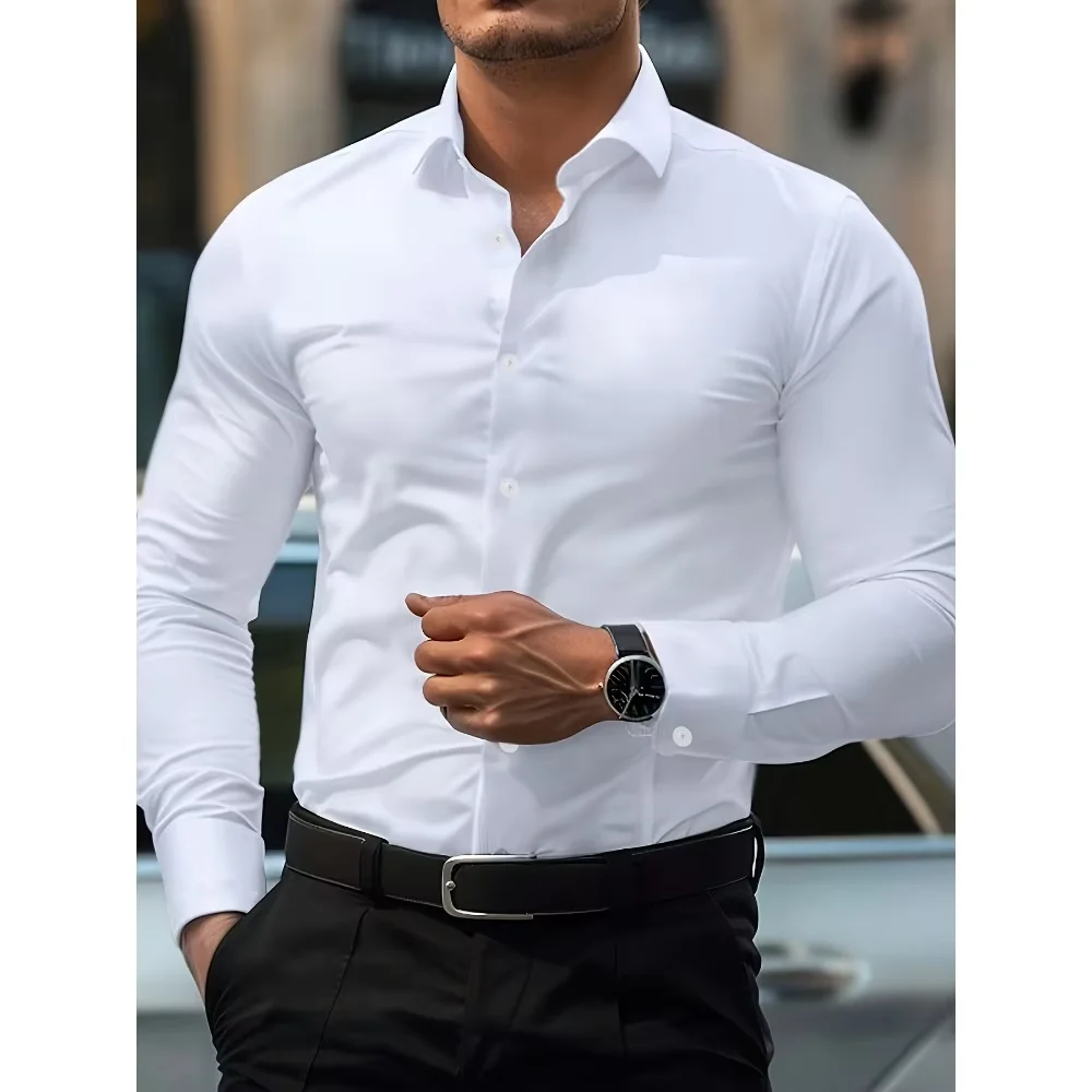 FGKKS hommes décontracté chemise blanche marque de mode couleur unie à manches longues tissu élastique mâle robe d'affaires chemise