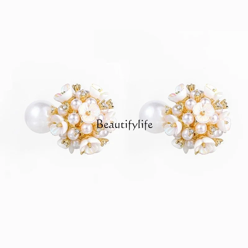 Exaggerated pearl double-sided flower stud earrings, high-end sense, light luxury temperament