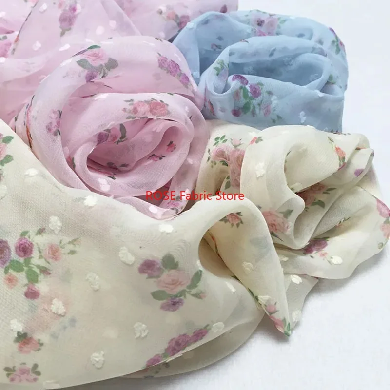 

Soft Chiffon Colorful Flowers Printed Fabric with Embroidered Polka Dots for Party Dress, Prom Gown, Blouse, Summer Dress