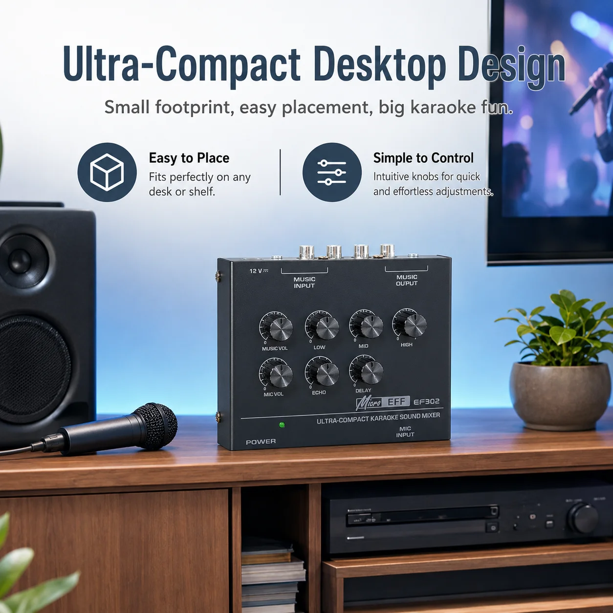 Mini Karaoke Audio Mixer EF302 7 Knobs Adjust Echo Delay Mic Music Volume Low Mid High EQ Control Portable Sound Mixing Console view 5