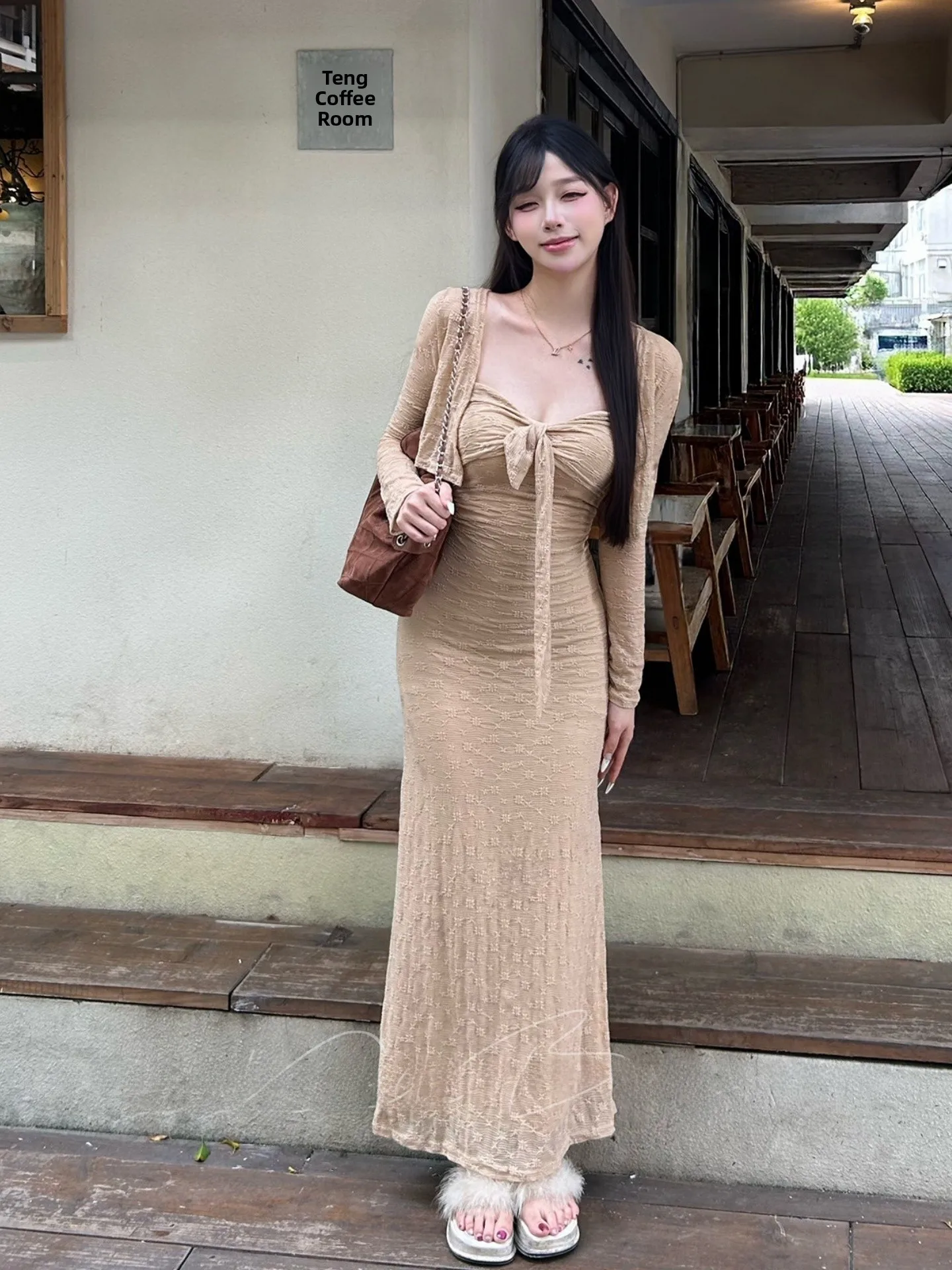 Pure Desire Spicy Girl Lace Short Sleeve Long Cardigan with Chest Pad Strap Dress Slimming Long Dress Two Piece Set
