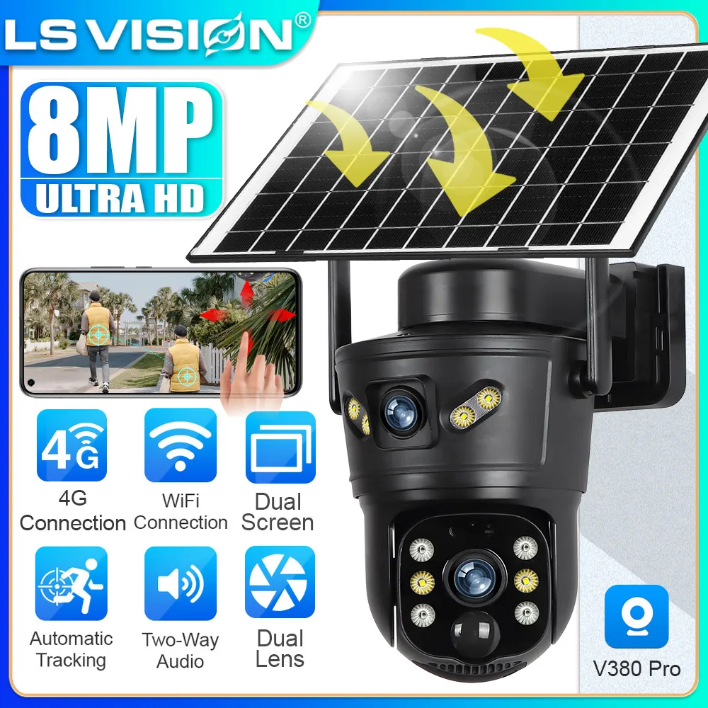

LS VISION 4K 4G Solar Camera Dual Lens Outdoor Wireless Security Camera CCTV PIR Motion Detection 2-Way Audio Auto Tracking V380