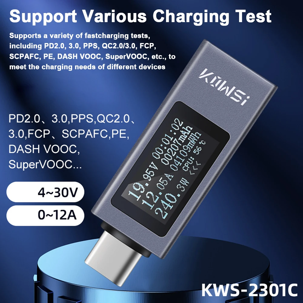 

USB-C PD DC Voltmeter Ammeter Power Meter 0-12A 4-30V 0-360W Voltage Current Fast Charging Testing Smartphone Charging Tester