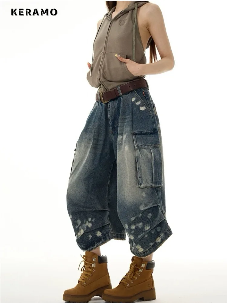 American Retro Street Washed Mid Long Jeans Pockets Hip-hop Baggy Oversized Shorts Women's Casual Y2K Grunge Denim Shorts