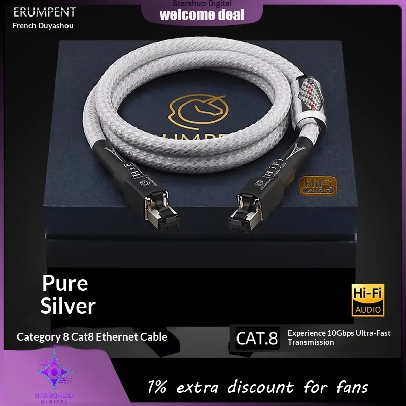 Erumpent Audiophile Pure Silver 10Gbps Cat8 Ethernet Cable Gaming Router Broadband Super Cat8 High-Speed Ethernet Cable
