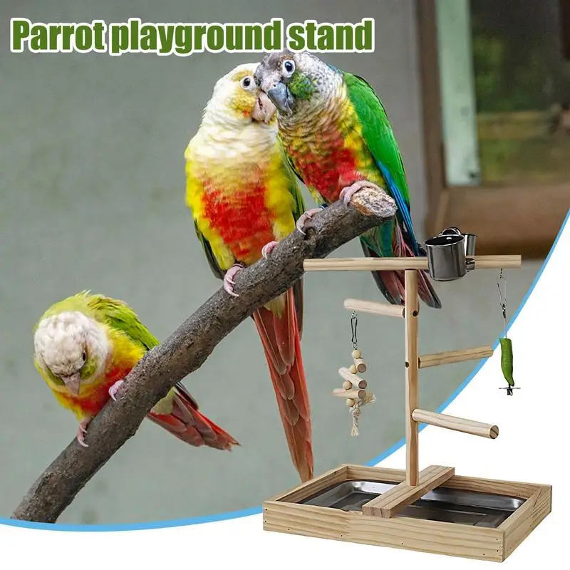 

wooden Parrot Stand Bird Playground Parakeet Office Desktop Natural Perch interactive training Exercise Toy with Tray and Cups