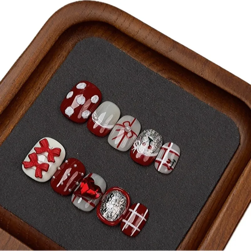 New Year's Festive Red Press on Nails Handmade Polka Dots Pearl Embellishment Bow Tie Sequins Short Fake Nail Patches