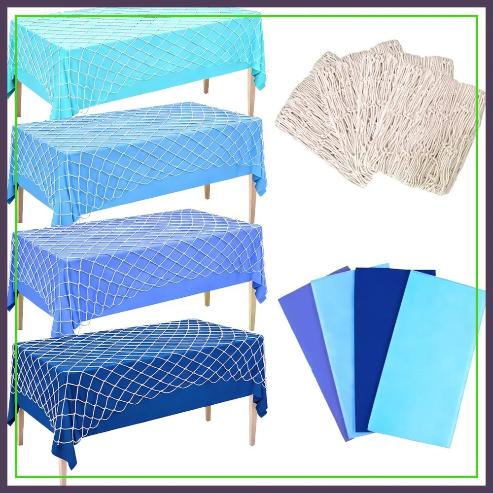 

8 Pcs Fish Net Decorative and Tablecloth Set, Cotton Fishnet & Plastic Table Cover for Nautical Mermaid Pirate Party