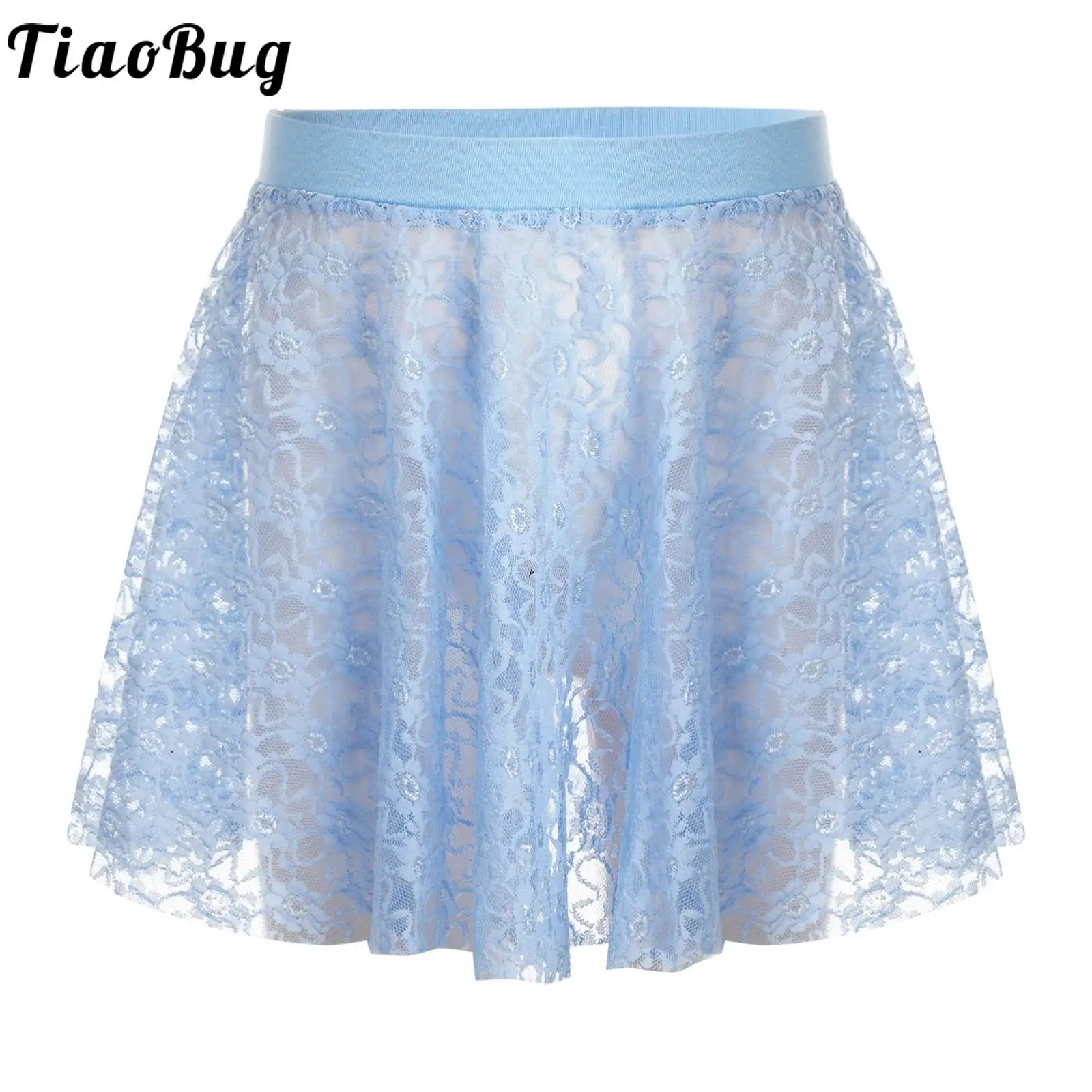 Kids Girls Ballet Dance Skirt Solid Color Elastic Waistband See-Through Floral Lace Skirts Practice Stage Performance Dancewear