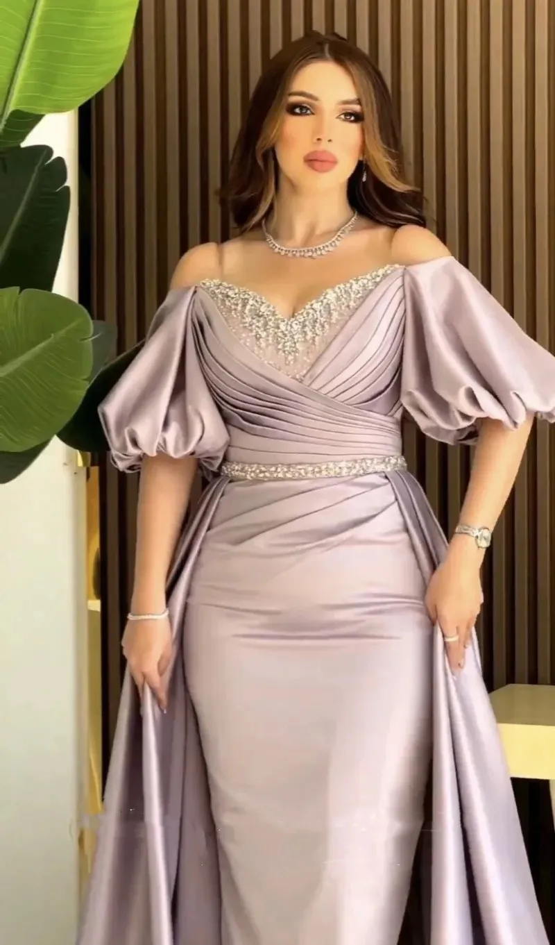 Robe de Soirée Luxueuse en Satin Lavande pour Femme, Manches Courtes, Sirène, Arabe, Bal de Promo