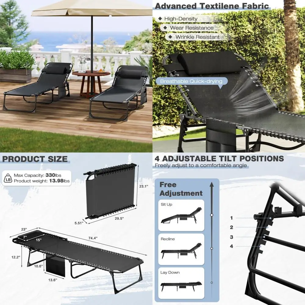 Portable Patio Sun Tanning Chairs Set of 2, 4-Position Reclining Back, Pool Chaise Lounge Chairs for Outdoor Relaxation