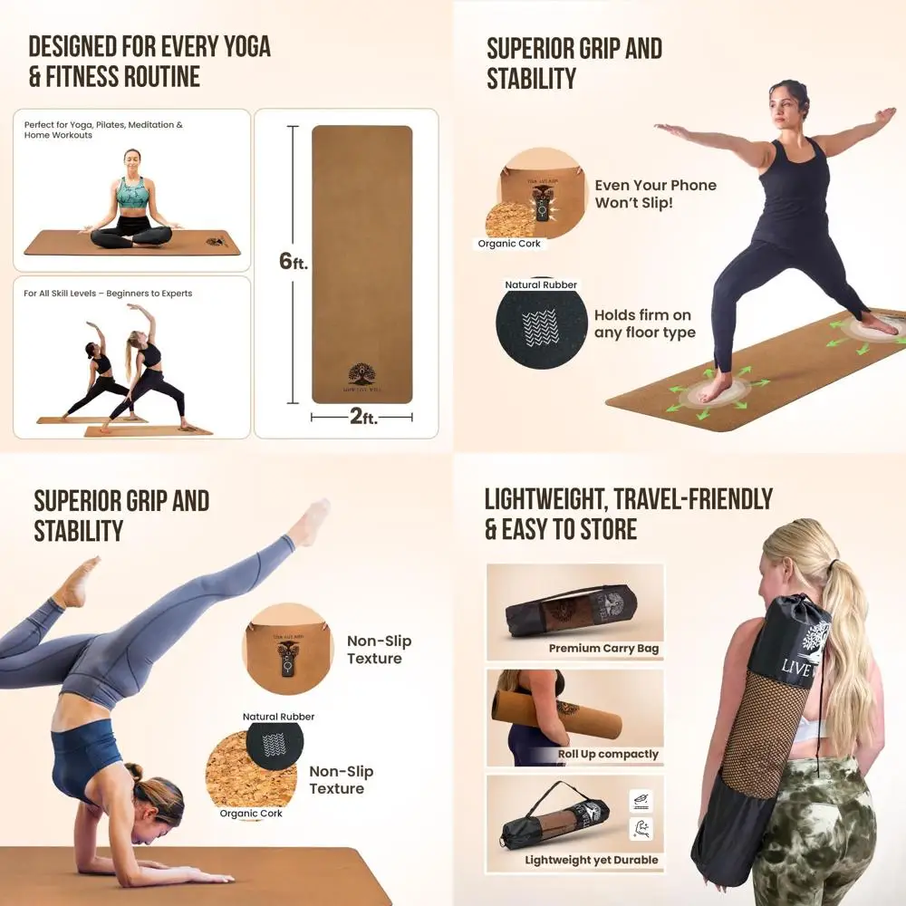 

Eco-Friendly 6mm Cork & TPE Yoga Mat with Strap - 72x24 Large, Perfect for Home Gym & Hot Yoga