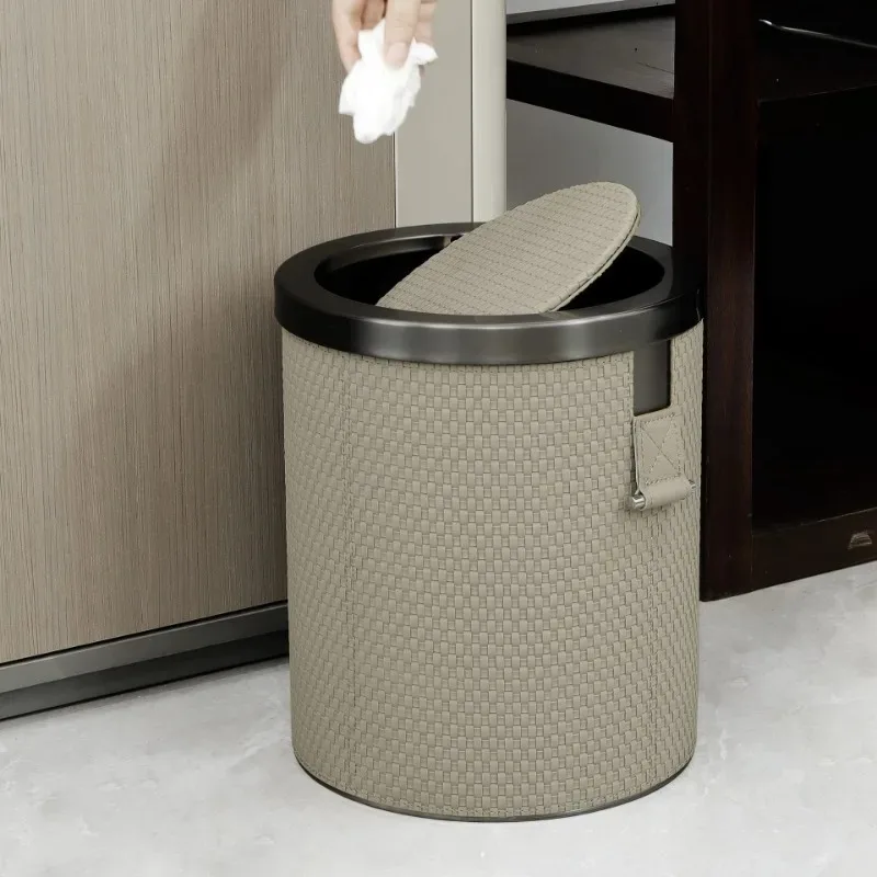 Shake Top Type Trash Can Leather Litter Bins Large Capacity Kitchen Dustbin Luxury Garbage Cans with Lid Household Accessories