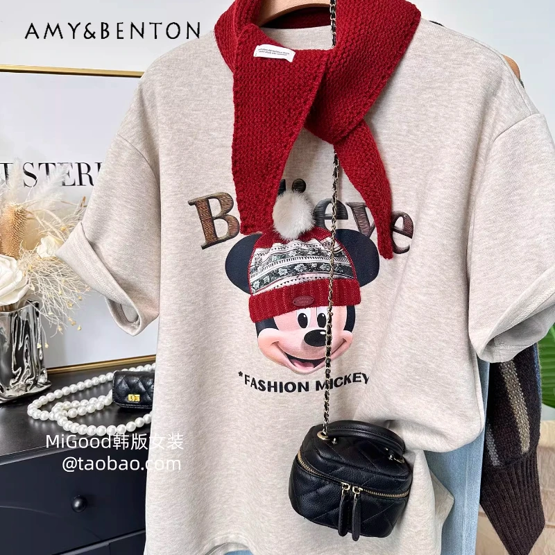 

Новинка 2026: Модный корейский стиль, толстовка-пуловер средней длины с мультяшным принтом, свободного кроя, утепленная, с начесом, для женщин.