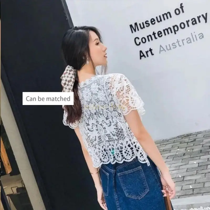 سترة نسائية 31BF بأكمام قصيرة ومفتوحة من الدانتيل من الأمام ومزودة بزهور كروشيه وسترات شفافة