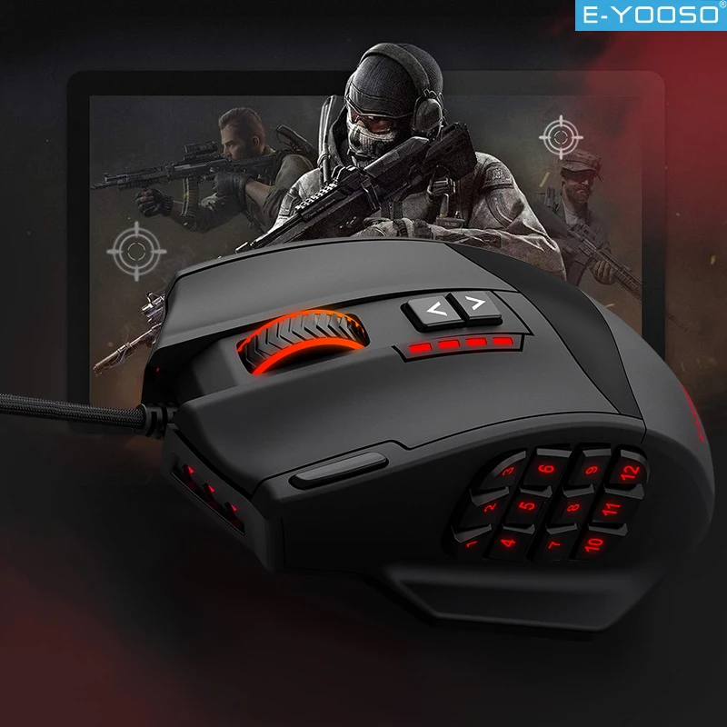 EYOOSO X-39 Wired Gaming Mouse, 12 Side Buttons,Ergonomic RGB LED, Auto Sleep, Side Shortcut Keys, Plug & Play for Big Palms