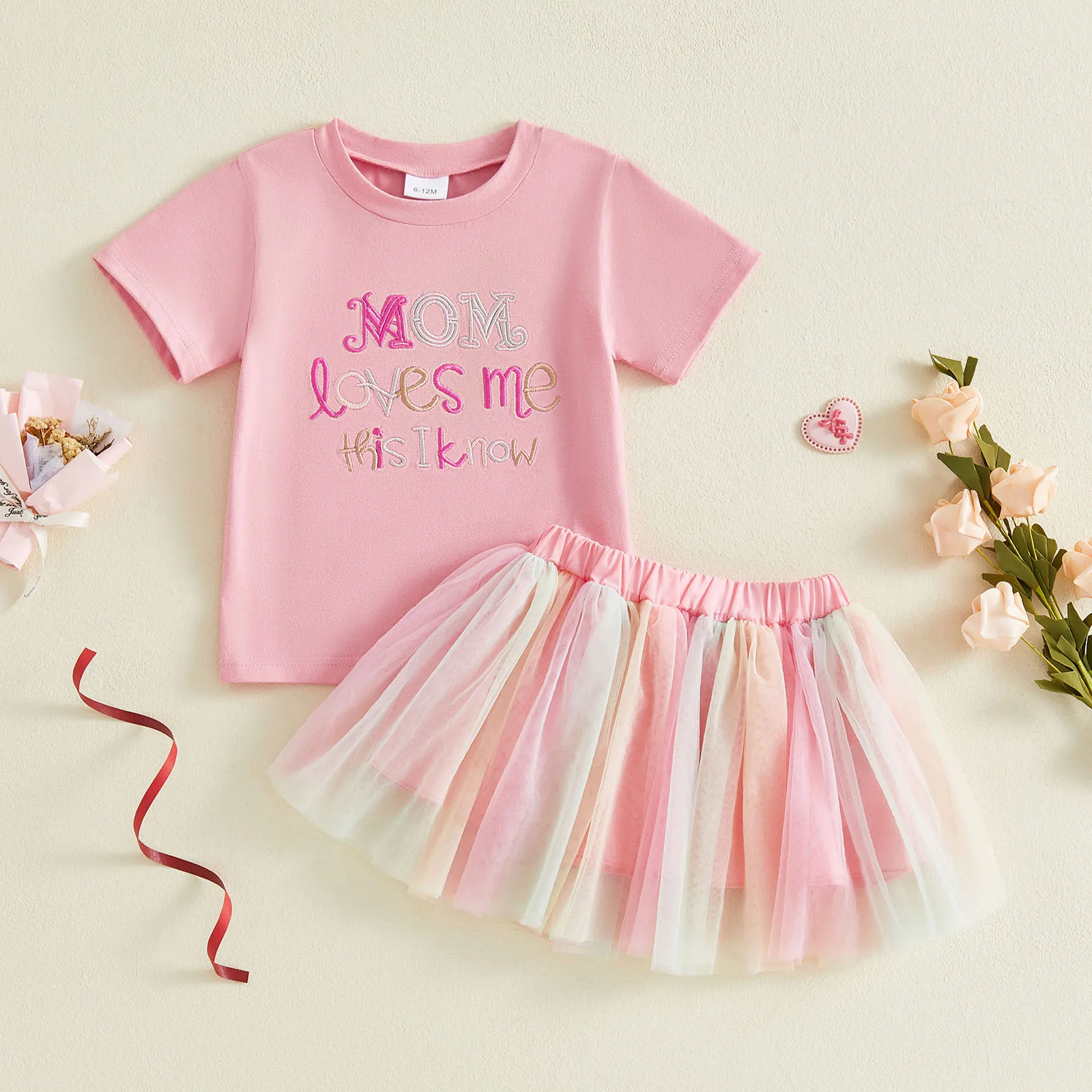 1-4Y Toddler Baby Girls Summer Outfits Letter Embroidered Crew Neck Short Sleeve t Shirt Tops Mesh Skirt 2 Pcs Set