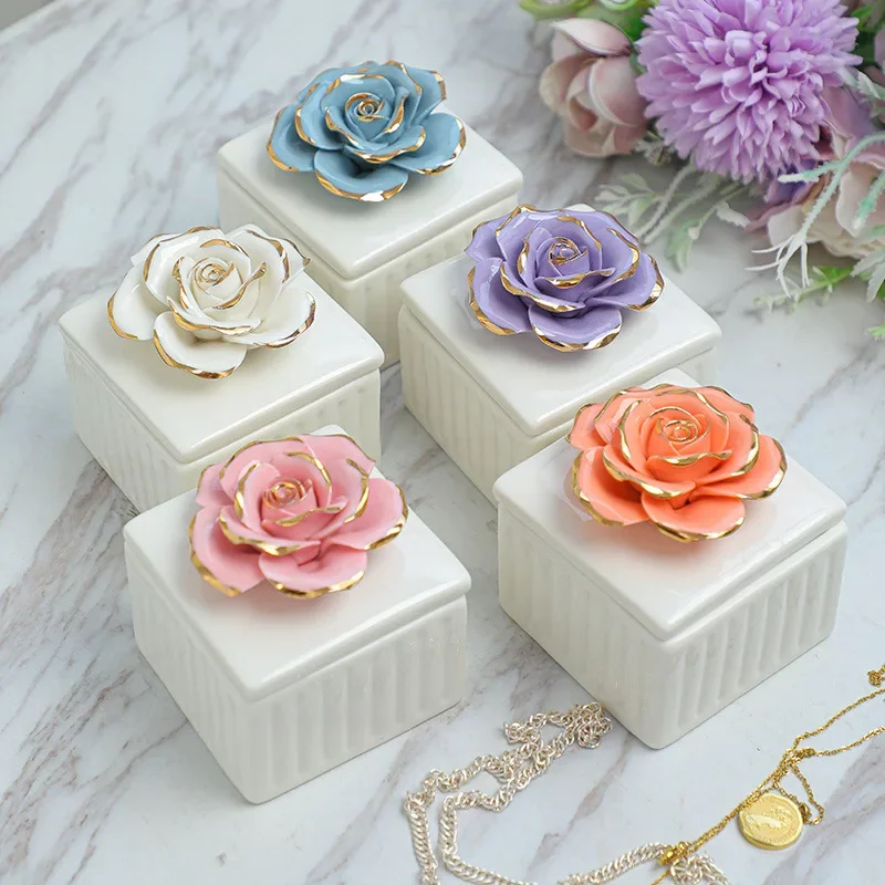 Nordic Square Round Storage Box Cosmetic Jewelry Box Ceramic Hand-painted Rose Gold Candlestick Jar Home Decoration Gift