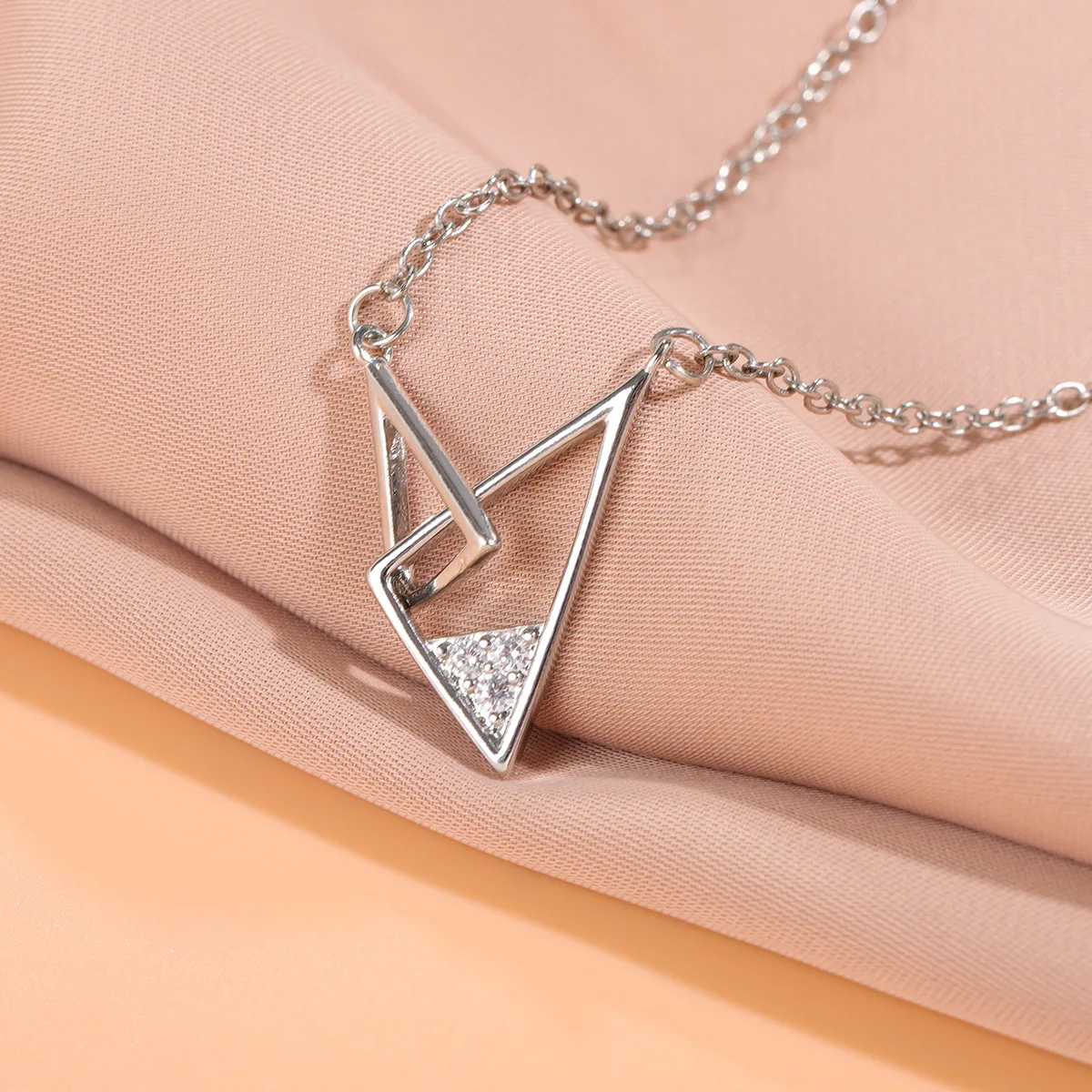 New Triangle Geometric Double Circle Interlocking 925 Sterling Silver Jewelry Crystal Clavicle Chain Necklaces  XL268