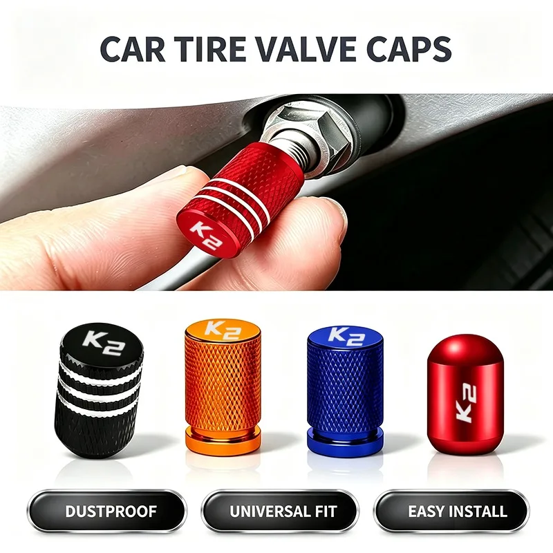 4Pcs Metal Dust‑Proof Tire Valve Stem Caps K2 Logo For Kia K2 Decorative Wheel Air Valve Cover Auto Modification Accessory