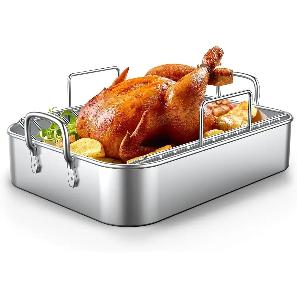 

EWEN Roasting Pan,17*13'' StainlSteel Turkey Roaster with Rack - Deep Broiling Pan & V-shaped Rack & lat Rack,Non-toxic & Heavy