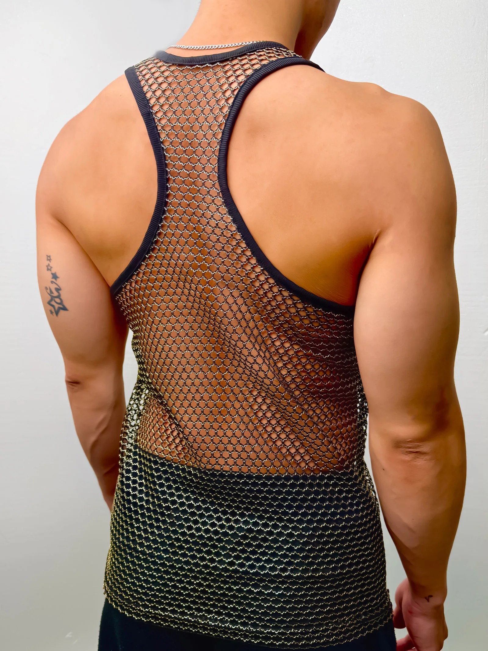 Sommer Herren Casual Mesh Netz Tanktop Racerback Ärmelloses Shirt Muskel-Sportweste Bunte Linien Glänzend Transparent Party Alltagskleidung – Detail 8