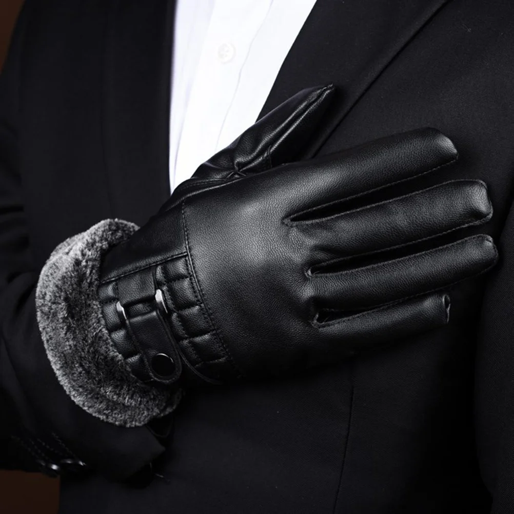 

Touch Screen PU Gloves Thick Warm Windproof Design Adjustable Buckle Cuff Cold Proof Driving Cycling Black