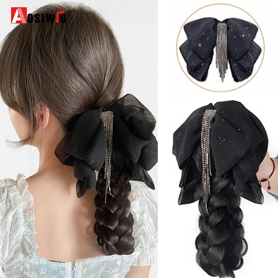 

AOSI Synthetic Tassel Bow Claw Clip Ponytail Temperament Slightly Curly Hair Natural Heat-resistant Chemical Fiber Wig Ponytail