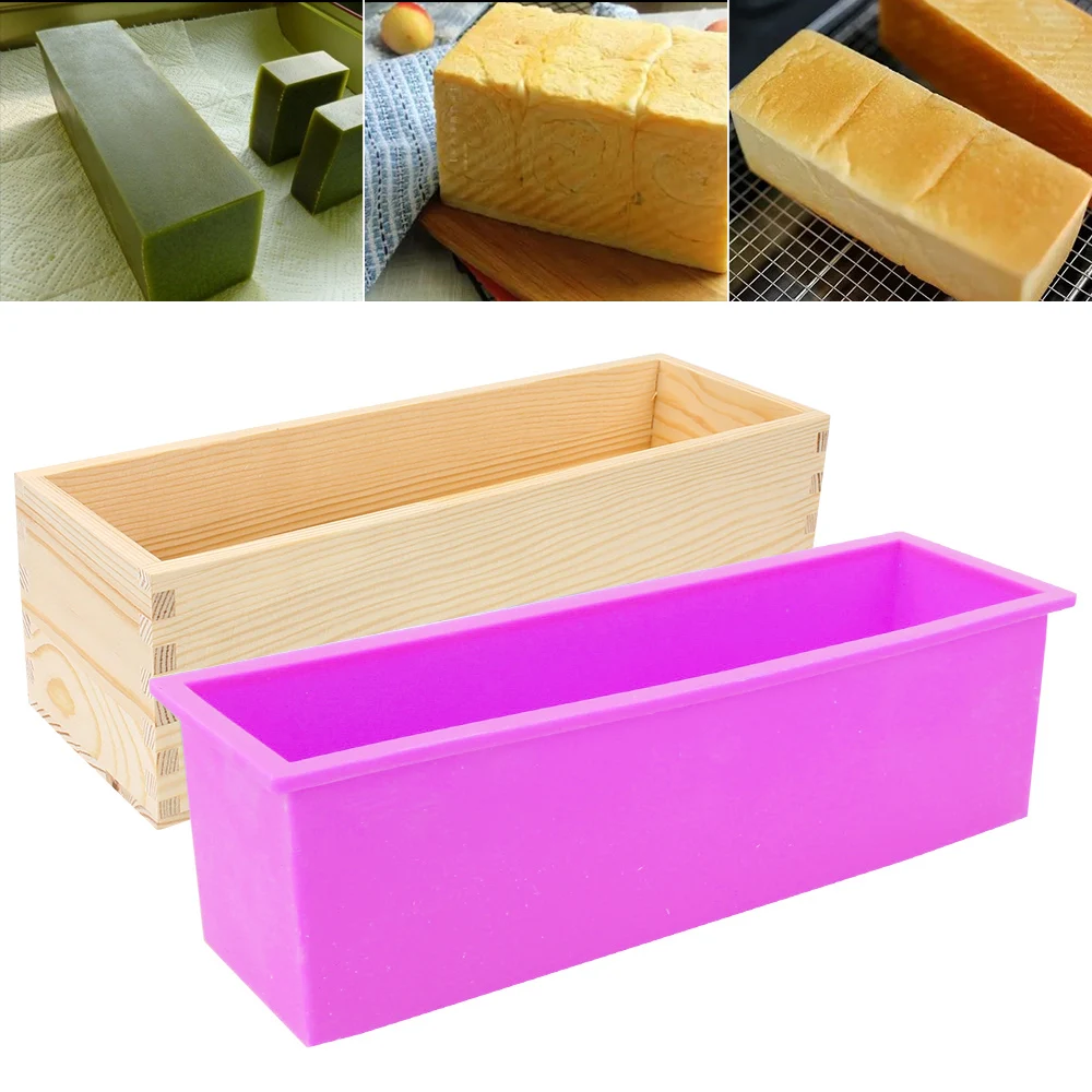 

Silicone Soap Mold Kitchen Tools Rectangular DIY Handmade Tool Baking Toast Cake Loaf Mold with Wooden Box