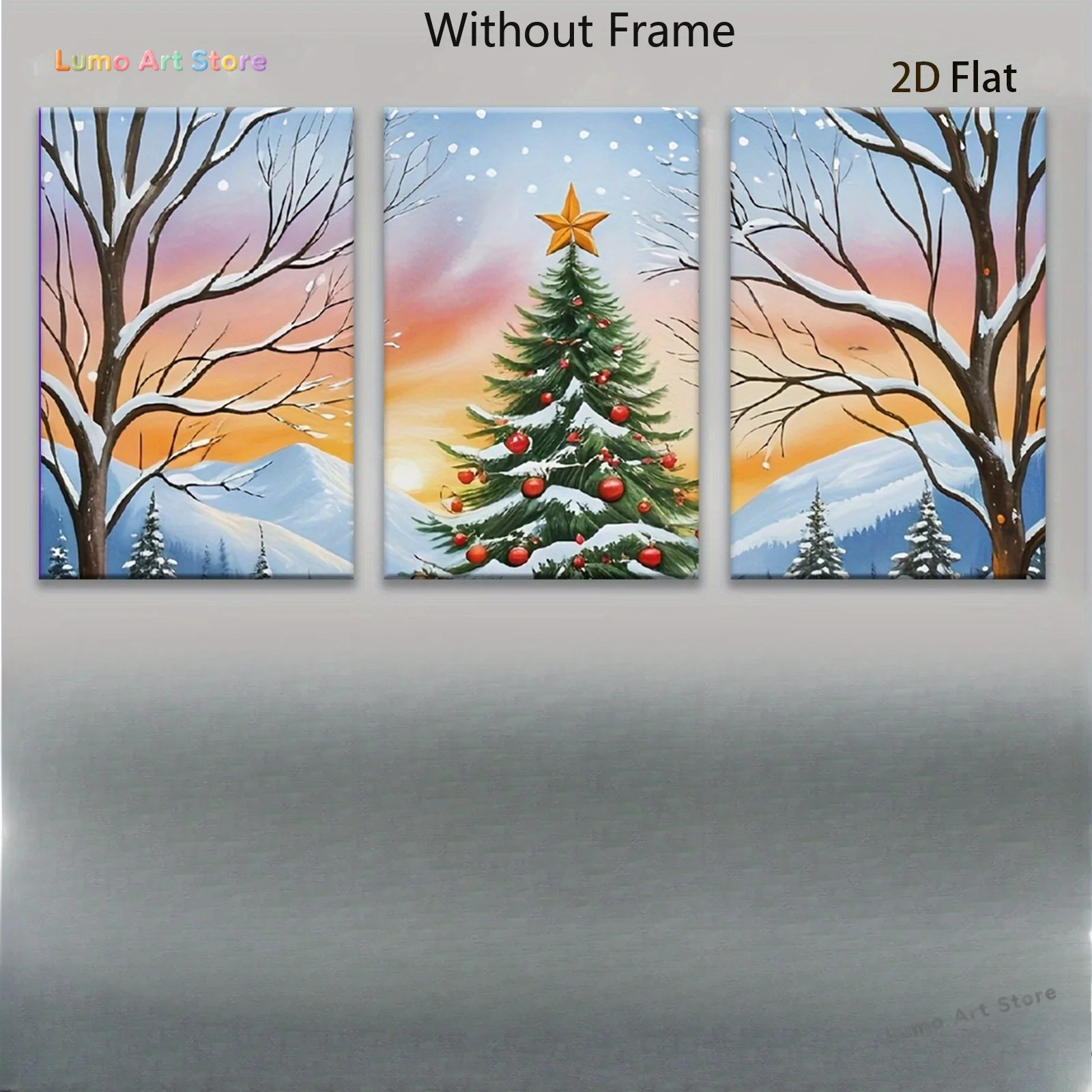 2D Flat, 2D Flat, 2D Flat 3-Panel Winter Snowscape Starry Sky, Pine Trees And Christmas Tree Art Decor Paintings, Wall Art Ca