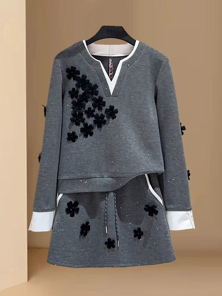 Stunning Women's Autumn Outfit Two-Piece Set Long Sve Waist-Cinching  Skirt V-Ne Polyester Fiber Casual Sportswear