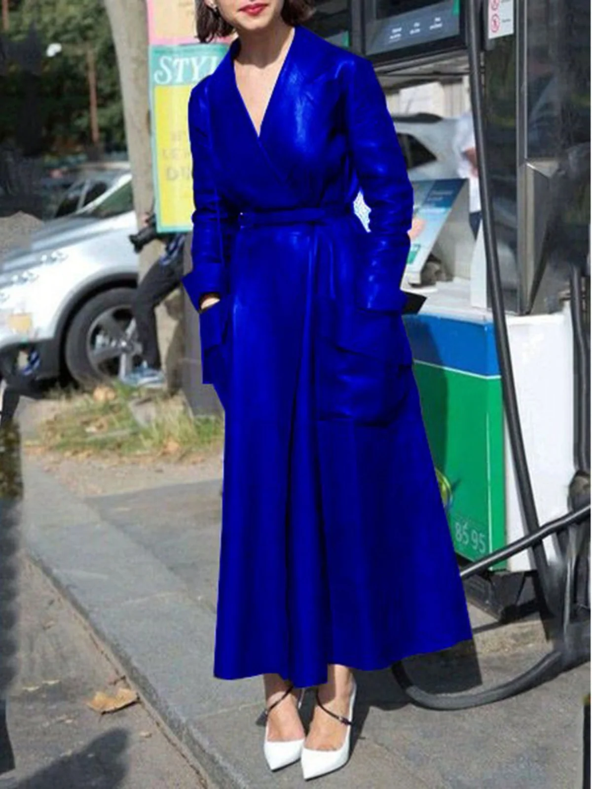 معطف نسائي طويل جداً من الجلد الصناعي بياقة بدلة وحزام، أزياء الشارع العصرية، ماركة أخرى