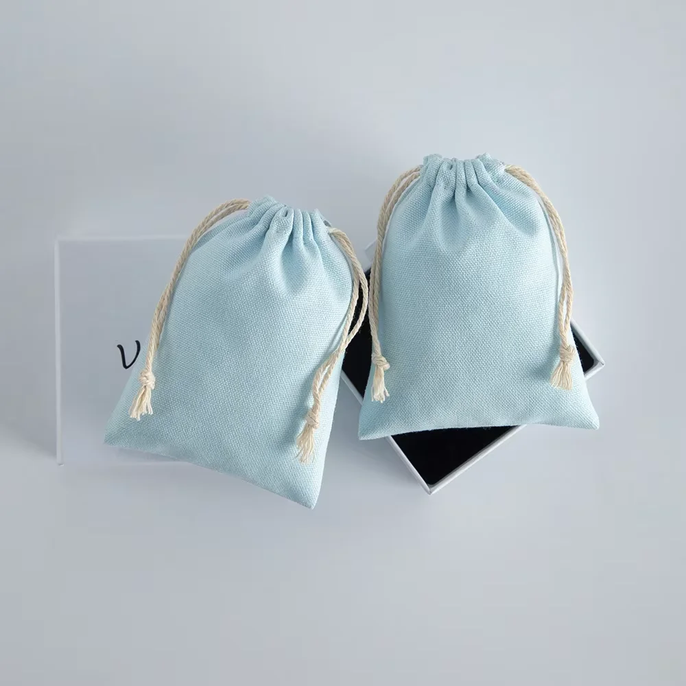 10Pcs Blue Natural Cotton Drawstring Pouches Jewelry Accessory Gift Packaging Bags for Necklaces Bracelets for Wedding & Travel