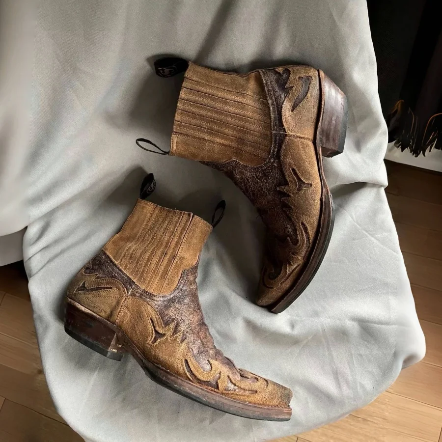 Distressed Vintage Brown Leather Spliced Embroidered Pointed Toe Western Boots Cowboy Knight Ankle Booties Unisex Size 36-46