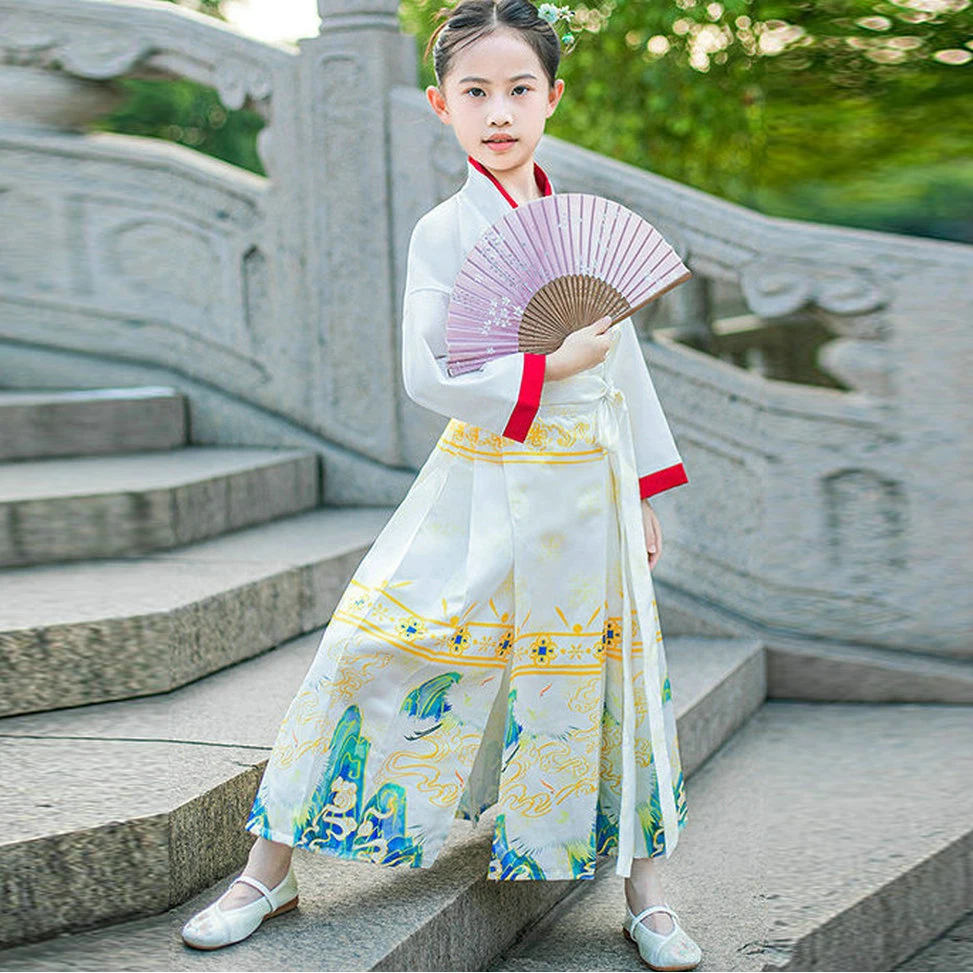 

Ancient Princess Style Girls White Top And Mamian Skirt 2 Pieces Suit Set Kids Hanfu Chinese Traditional Clothes For Children