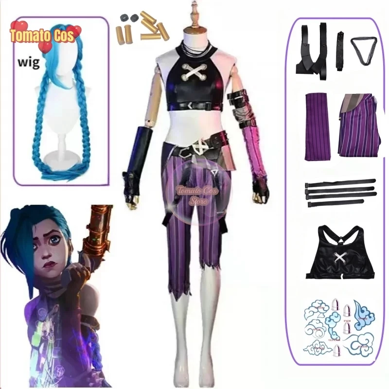 Traje de cosplay arcano LOL para mulheres, canhão solto, sapatos sexy, roupa de carnaval, jogo de anime, crit Loli Jinx