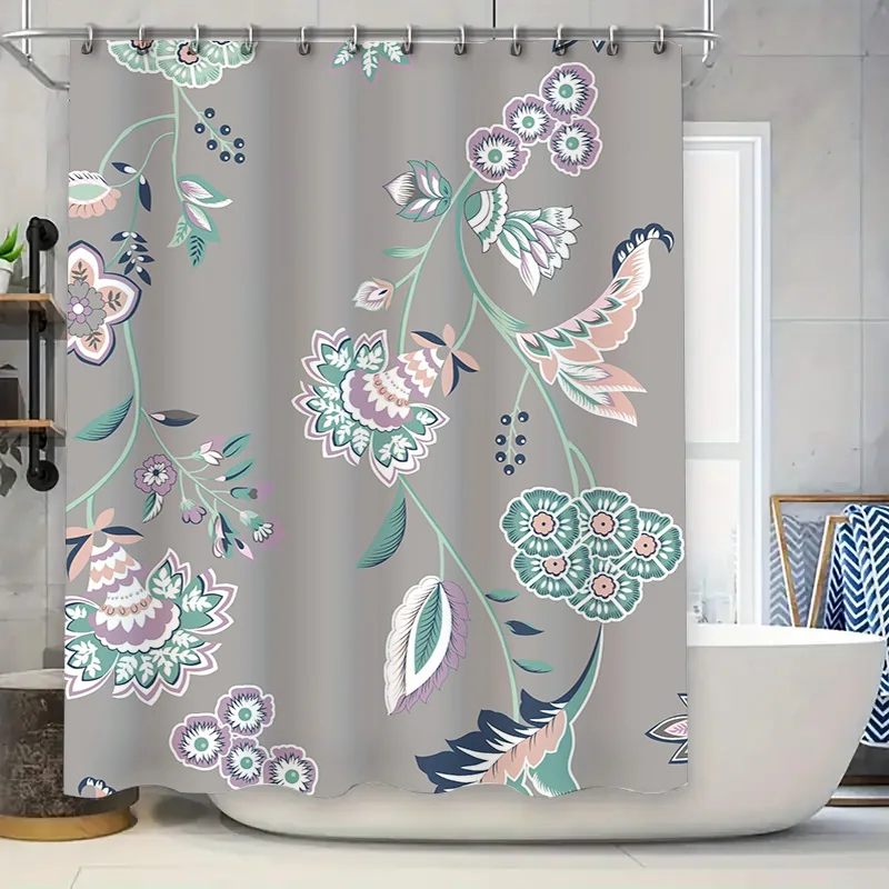 Delightful Floral Shower Curtain Grey Boho Pattern with Birds Butterflies Room Decor Customizable Size Available Ideal Gift for