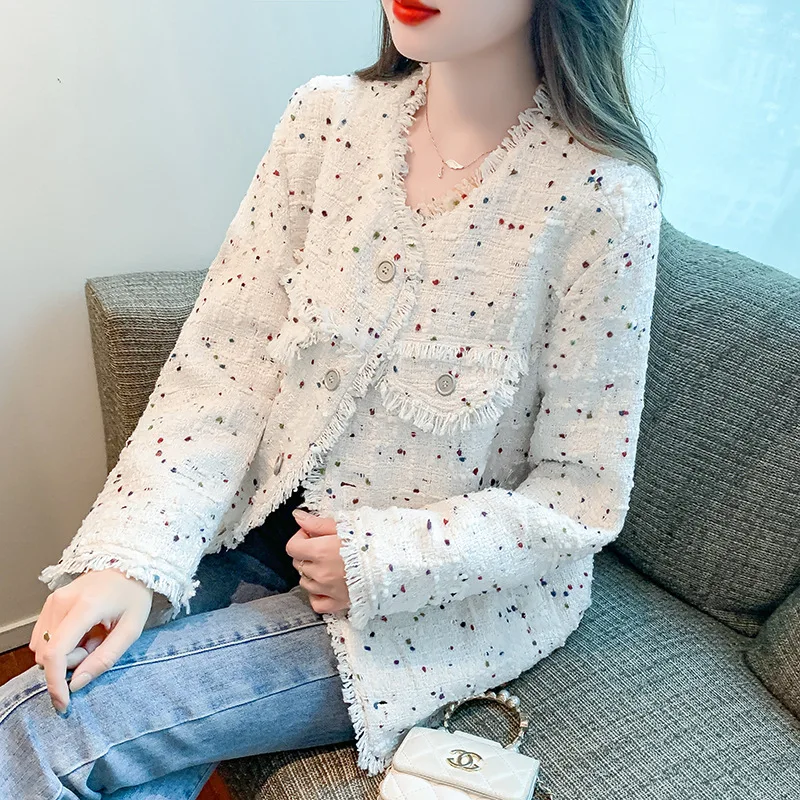 Veste en tweed à pois de couleur blanche pour femme, haut à manches longues, style petit parfum, nouveau, automne, hiver, 2025
