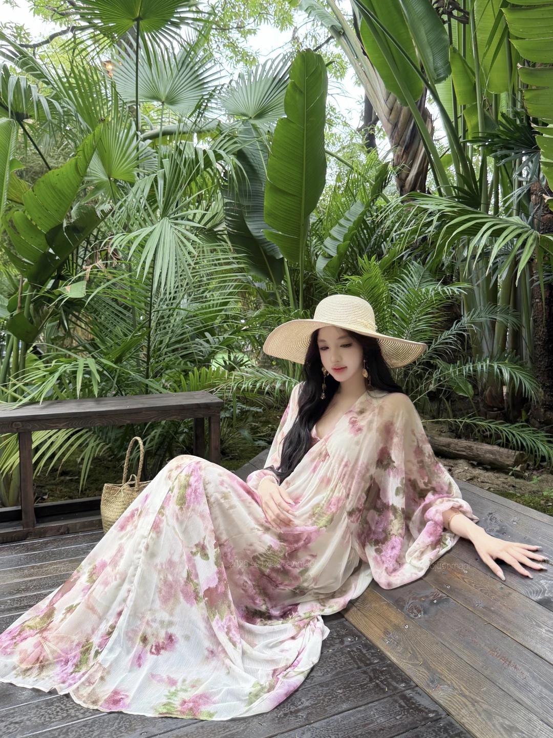 

Summer Vacation Style Pink Floral Print Long Sleeve Women's Dress Loose A-Line Midi Skirt Casual Comfortable Fit V-Neck Dress