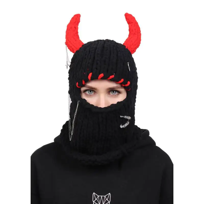 DAZCOS Halloween Funny Devil Horns cappello lavorato a maglia berretti da uomo e da donna Warm Full Face Cover maschera da sci cappello passamontagna antivento