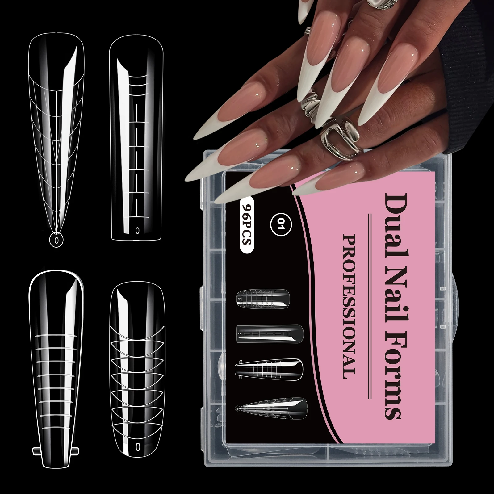 96pcs Stiletto Coffin Clear Dual Forms False Tips Quick Building Gel Mold Nail Art Tools Full Cover Nail Extension Forms Top