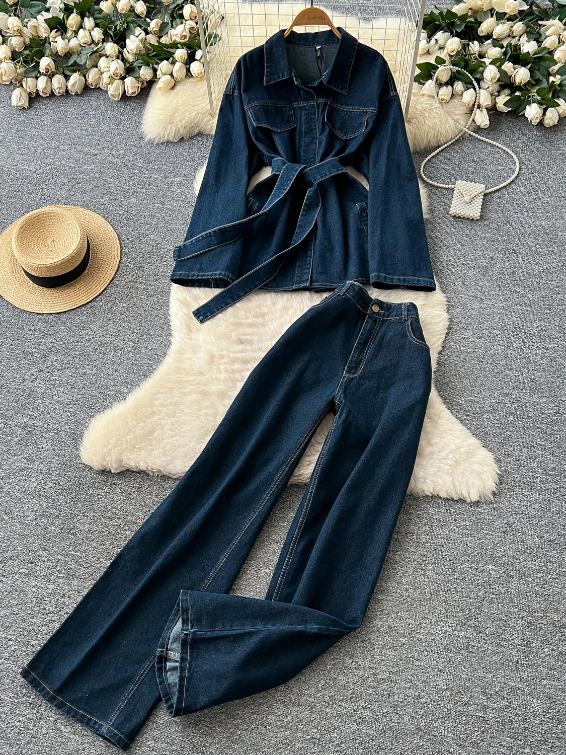 

Casual Loose Women's Denim Jaet Coat High Waist Straight Leg Pants Two Piece Set Long Sve Turn-down Collar Wide Waist