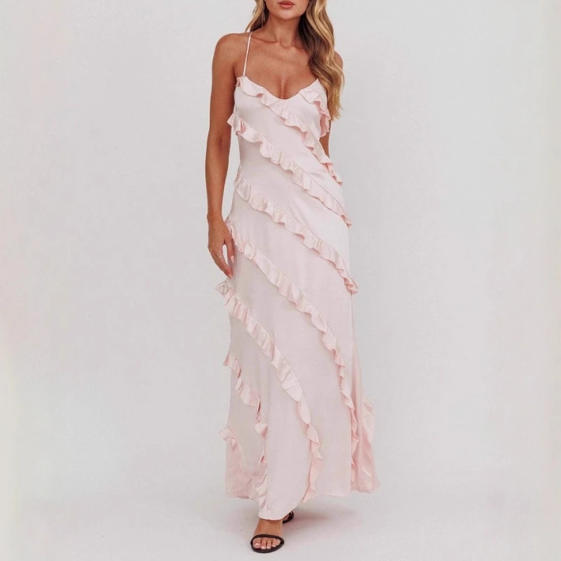 

Women'S Sexy Solid Pink Sleeveless V-Neck Spaghetti Straps Multi-Layer Ruffled Maxi Long Dress A-Line Slim Evening Party Gown