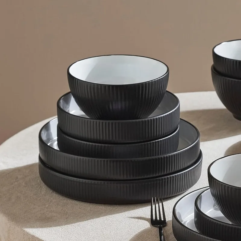 Christian Siriano Larosso 12-Piece Stoneware Dinnerware Set with Dinner Bowls and Pasta Bowls, Plates and Bowls Set