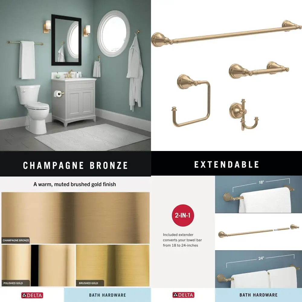 

4-Piece Champagne Bronze Bathroom Accessory Set: 18 Towel Rack, Toilet Paper Holder, Hand Towel Holder, Hook