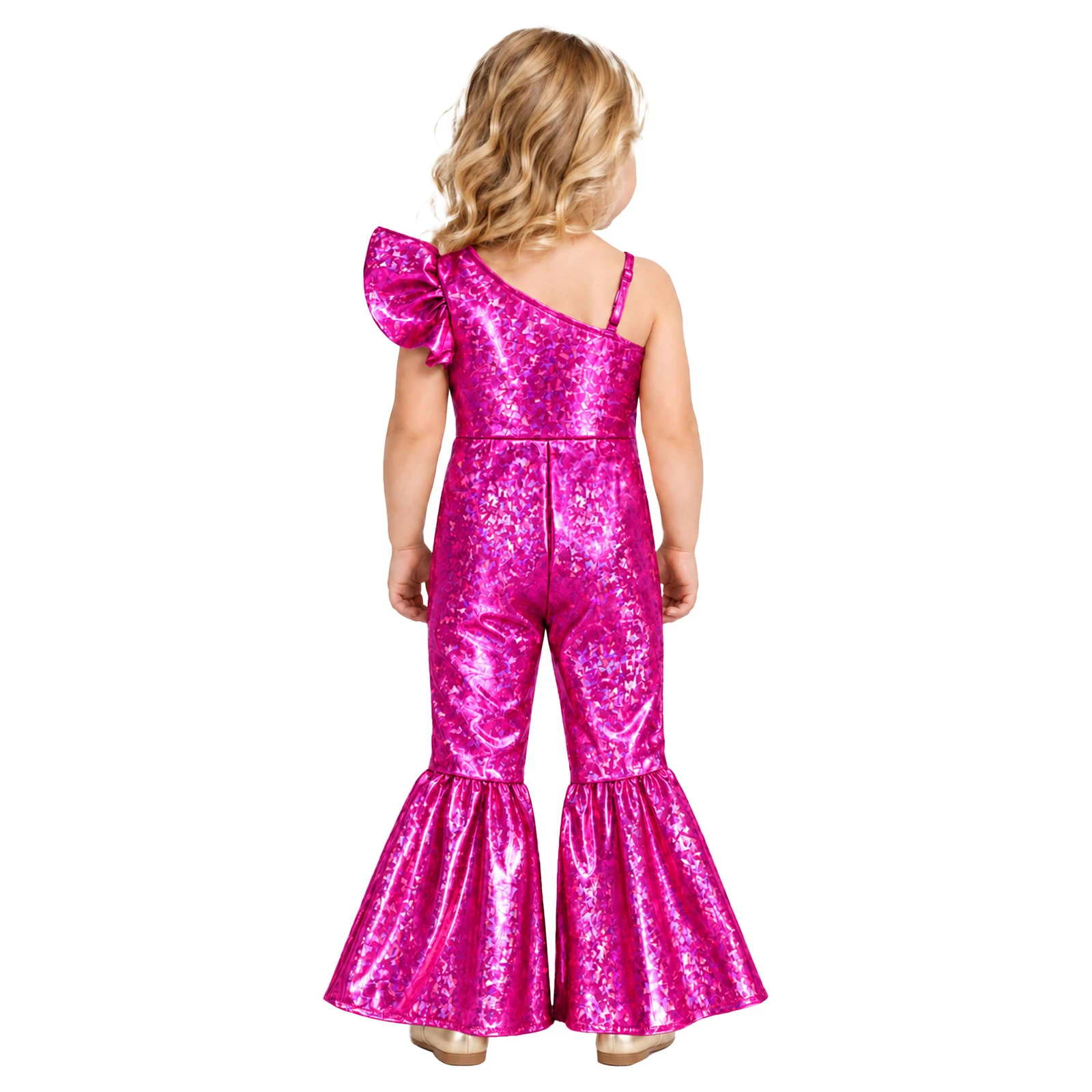 Toddler Kids Girls Metallic Shiny Romper One Shoulder Ruffled Sleeve Bell-bottom Pants Jumpsuit 70s Disco Party Jazz Dancewear