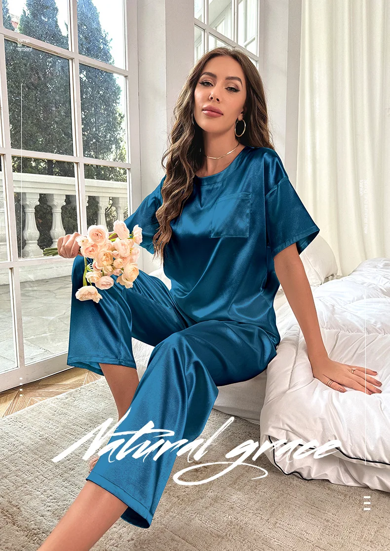 

Women's Elegant Silky Pajama Set Short-Sleeve Round Neck Top And Pants Loose Relaxed Fit Cozy Homewear Loungewear Casual Attire