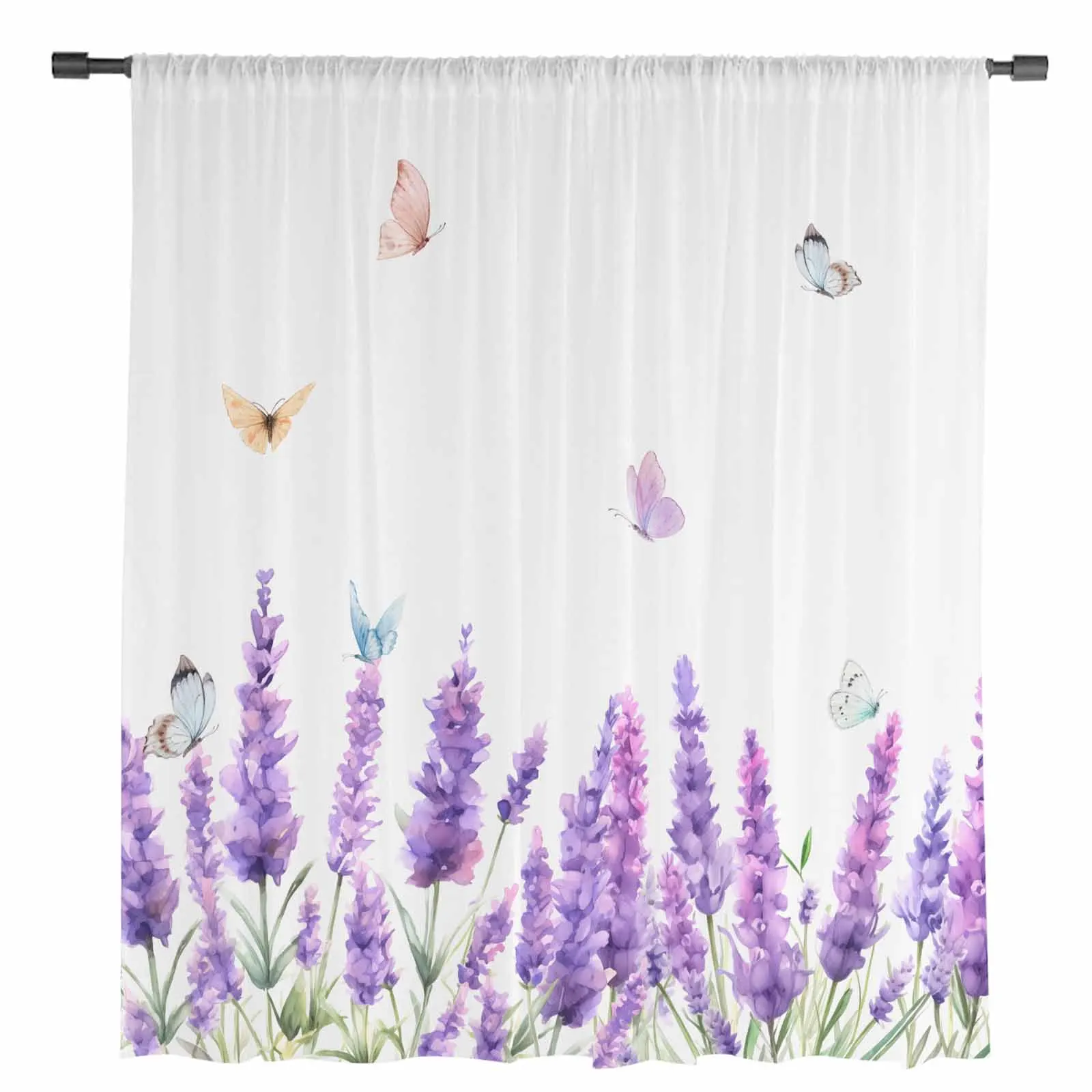 Spring Watercolor Lavender Butterfly Tulle Curtains for Living Room Bedroom Modern Chiffon Sheer Voile Kitchen Window Curtain